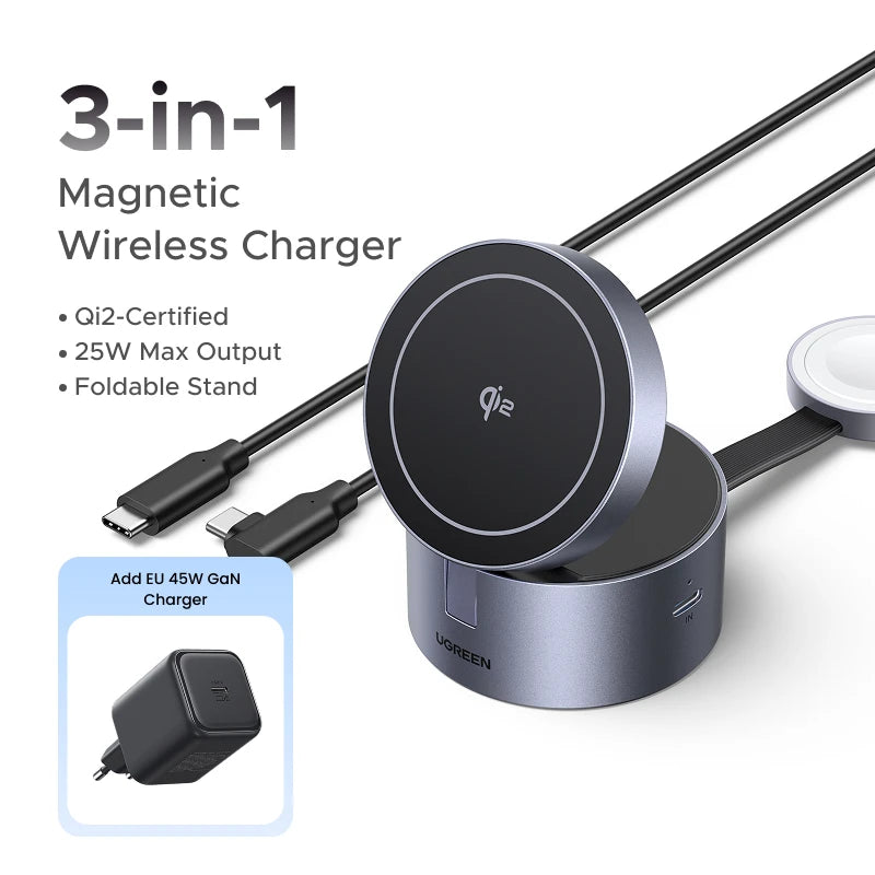 UGREEN Qi2 15W Max Magnetic 3-in-1 Wireless Charger Fast Charging Stand For Magsafe Charger For iPhone 15 16 Pro Max/AirPods