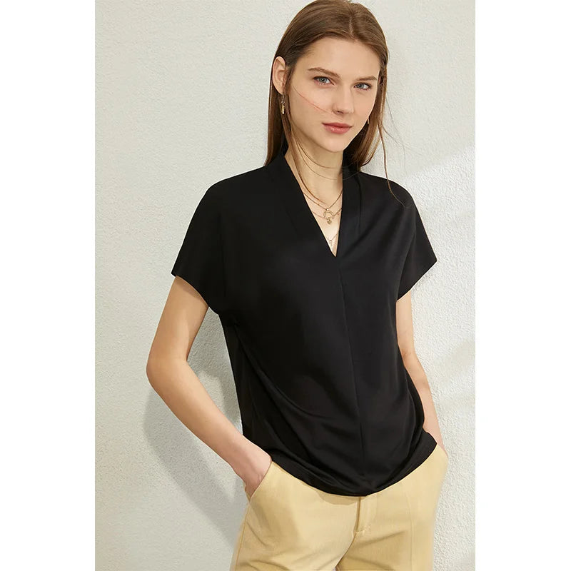 អាវយឺត AMII Minimalism រដូវក្តៅឆ្នាំ ២០២៦ សម្រាប់នារី រចនាបថបុរាណ ក V ដៃខ្លី អាវ និងអាវយឺតលាត 12612011