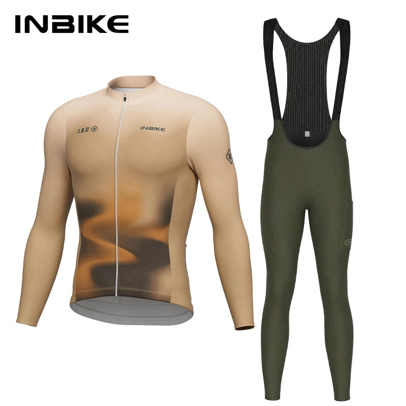 INBIKE Men‘s Winter Thermal Fleece Cycling Jersey and Bib Pants Set Long Sleeve Breathable Padded Road Bike Suit MTB Clothing