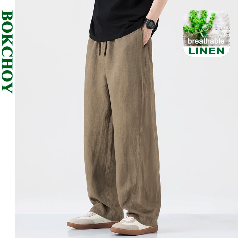 Autumn New Casual Breathable Linen Pants for Men Clothing Straight Drawstring Solid Color Pants LX2950