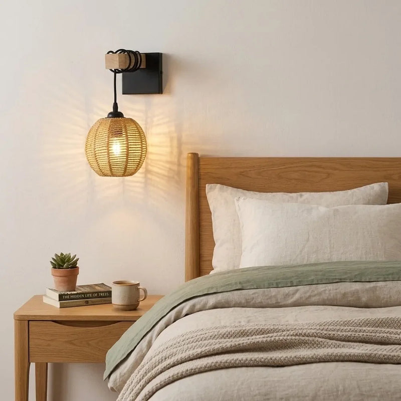 JOYINLED Vintage Indoor Wall Light, E27 Retro Rattan Wall Lamp with Woven Lampshade Wall Lamp for Living Room, Bedroom, Hallway