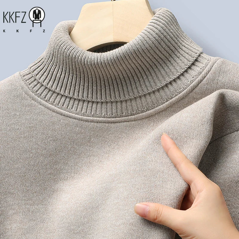 Stretch Knitted Turtleneck Top For Males Full Fleece Lining Thermal Warm Pullover Long Sleeve Casual Street Outfit