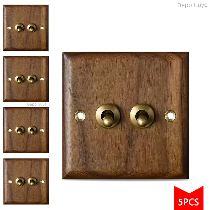 5/10 PCS Retro Europe Black Walnut Wall Toggle  LightSwitch Panel 1-4Gang 2Way Solid Wood,Antique Home Stay Switch