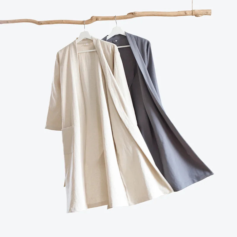 Cotton Linen Kimono Bathrobe Nightgown 2026 New Loose Men And Women Dressing Gown Sleepwear Nightwear Solid Hotel Robe