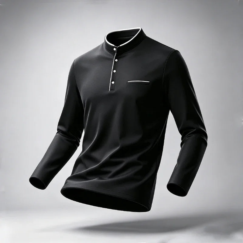 Men Stand Collar Long Sleeve Polo Shirt Slim Fit Half Button Design Chest Pocket Soft Fabric Business Daily Tops