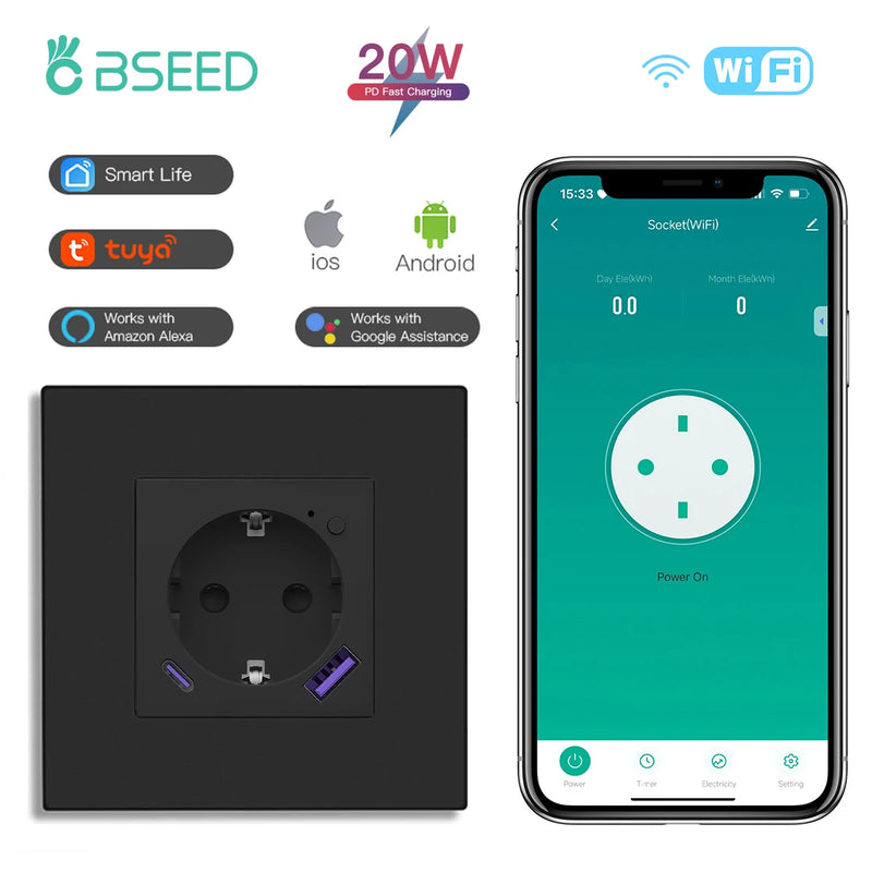 BSEED WIFI Smart Socket With 20W Fast Charge Port Plastic Frame Smart Wall Socket USB Type-C Port Tuya Smart Life Control