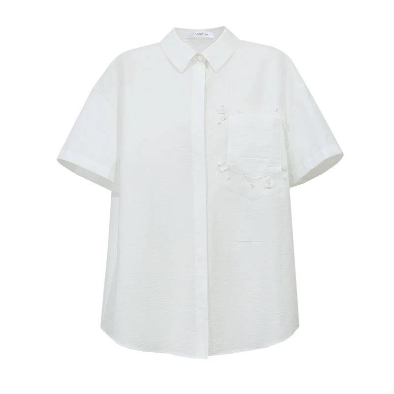 Amii Women's White Shirt 2026 Summer New Beaded Lapel Organza Patch Short Sleeve Blouse Loose Women's Casual Shirts 12642010