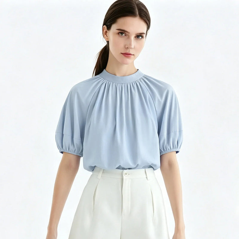 Amii Women's Shirt 2026 Summer New Stand Collar Lantern Dolman Sleeve 100% Cotton Blouse Loose Casual Short Top Female 12642176