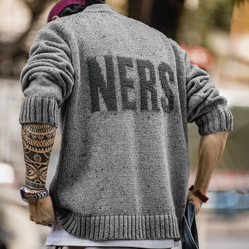 Maden Vintage Men's Gray Letter Jacquard Sweater V-Neck Draped Pullover Thermal Heathered Effect Knitwear for Autumn Winter