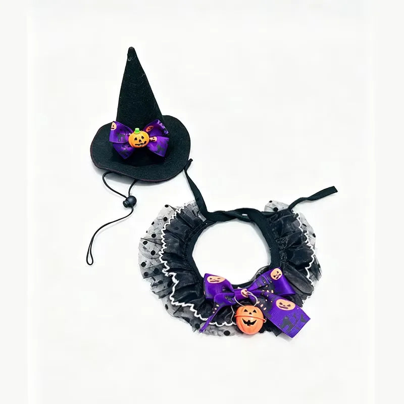2026 New Pet Saliva Towel Hat Combination Halloween Decorative Cat Bib Dog Lace Scarf