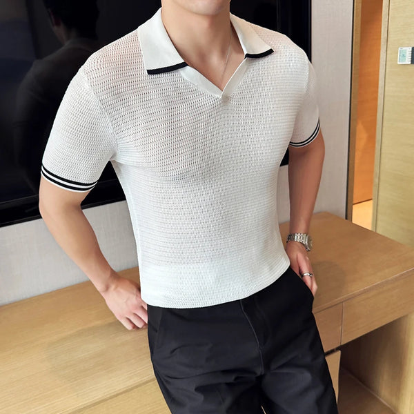 Men's Contrast Trim Knitted Polo Shirt - Slim Fit V-Neck Short Sleeve Summer Top | Breathable Textured Business Casual Tee