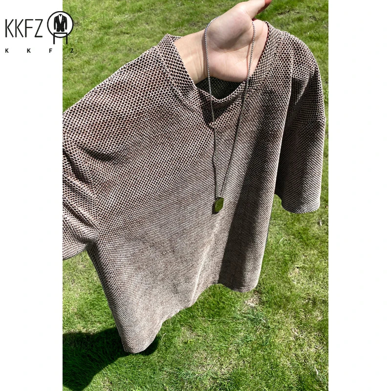 Mens Honeycomb Textured Short Sleeve Tee Crew Neck Curved Bottom Hem Loose Fit For Outdoor Leisure And Travel Outfit