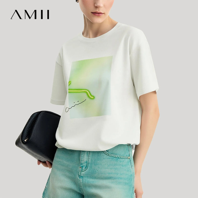 Amii T-shirt Women 2026 Summer New Printed Round Neck Cotton Tee Loose Casual Drop Shoulder Short Sleeve Tops Woman 12652008