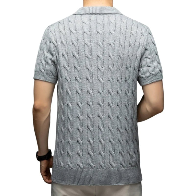 Men's Vintage Cable Knit Short Sleeve Polo Sweater 100% Cotton Retro Turn-down Collar Casual Pullover
