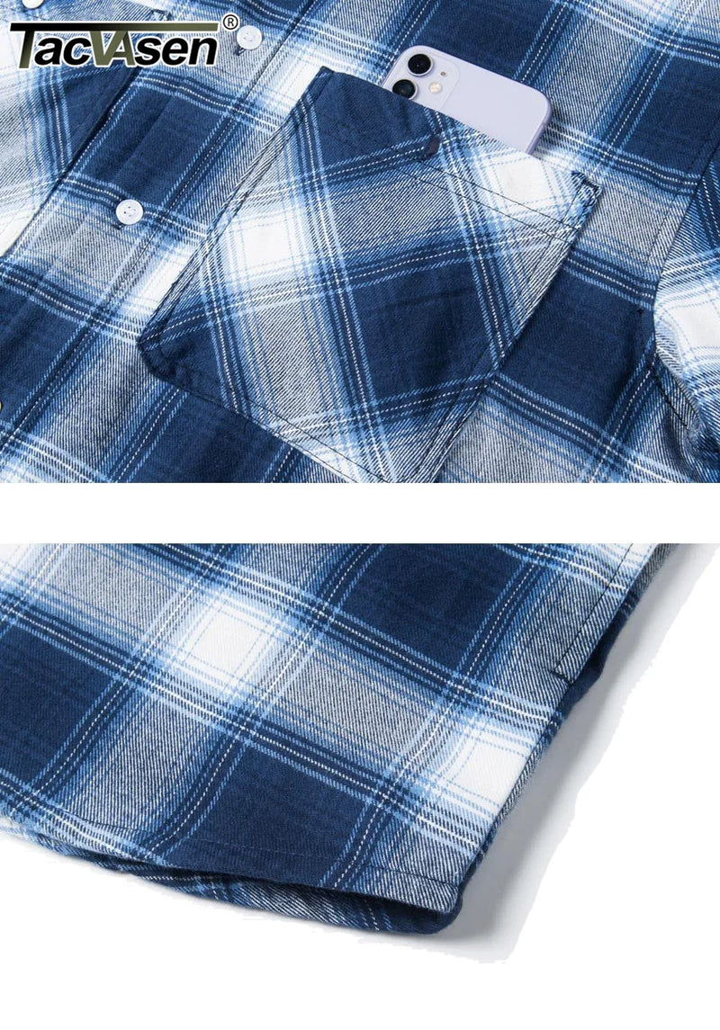 TACVASEN Men's Flannel Long Sleeve Hoodie Plaid Shirts Lightweight Cotton Button Down Casual Shirts with Pocket 2026 New Fashion