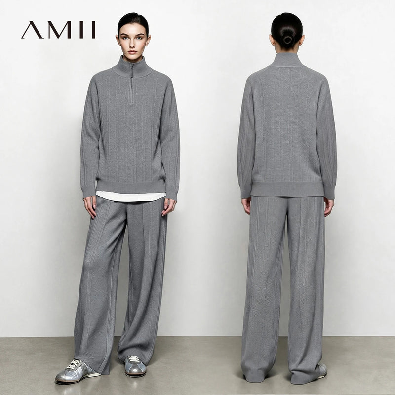 Amii Women's Two Piece Knit Set Mock Neck Wide Leg Pants Casual Commuter Outfit Winter Women's Sweater Tops Separatetly 12623095