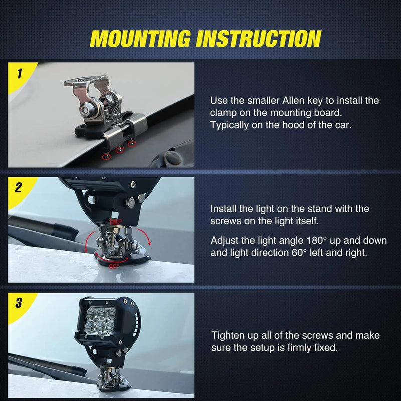 JOYINLED 2Pcs Universal Black Light Bar Mount Bracket Adjustable Hood Pillar Offroad Work Light Clamp