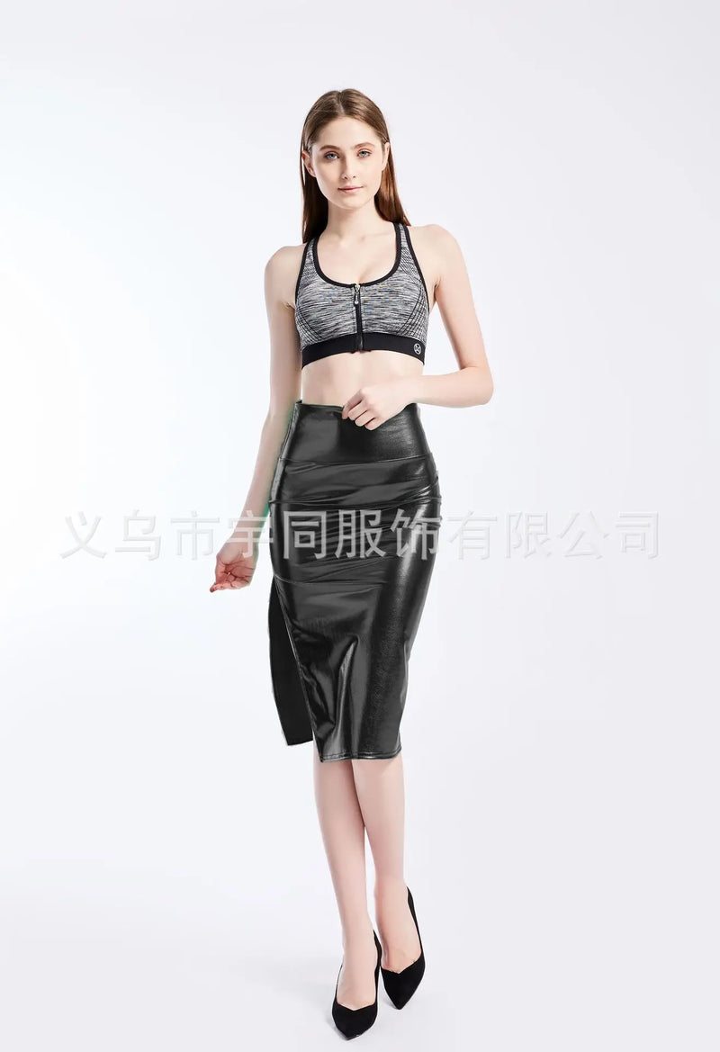 Gold Women's Shiny Knee-length Skirt, Asian Sizes, Available in Blue, Silver, and Black.