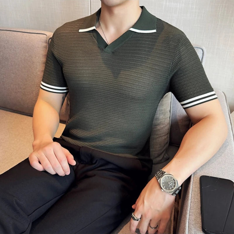 Men's Contrast Trim Knitted Polo Shirt - Slim Fit V-Neck Short Sleeve Summer Top | Breathable Textured Business Casual Tee