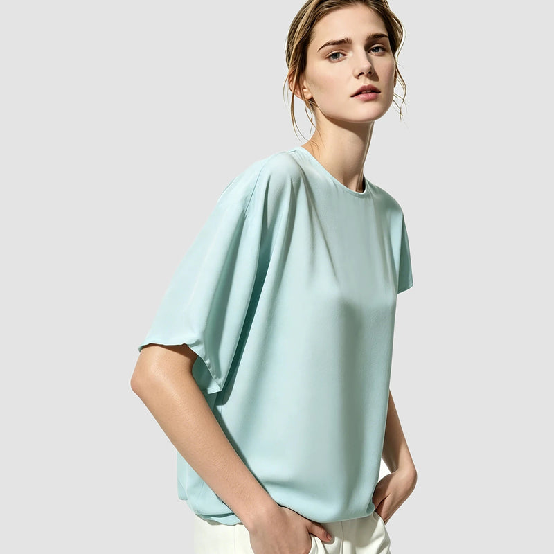 Amii Women's Blouse 2026 Summer New O-Neck Tie Detail ChiffonTop Asymmetric Dolman Sleeve Simple Office Loose Blouse 12642054