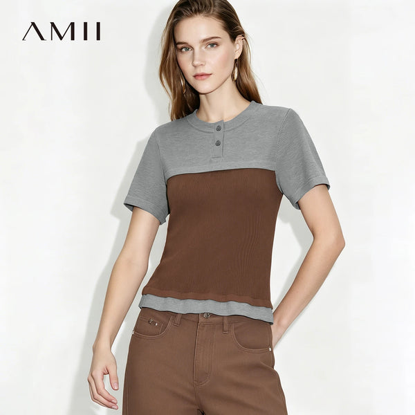 Amii Women's Knit Top 2026 Summer New Color Block Round Neck Short Sleeve Sweater Slim Office Casual Pullover For Women 12642156