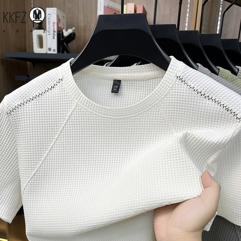 Men Waffle Knit Short Sleeve Crew Neck T Shirt Casual Lightweight Breathable Soft Top For Daily Use