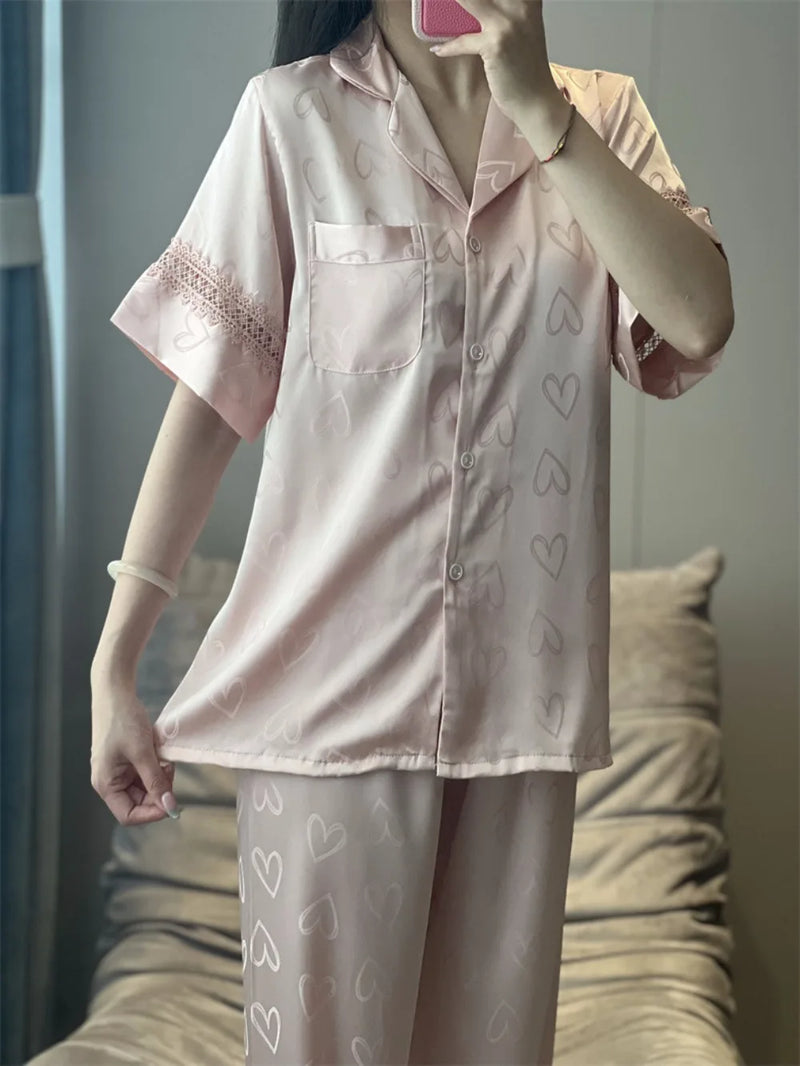 Thin Nightwear 2 Piece Nighty Pajama Set Women's Sleepwear Summer Short Sleeve Long Pants Buttons Lapel Top Pijamas Home Suit