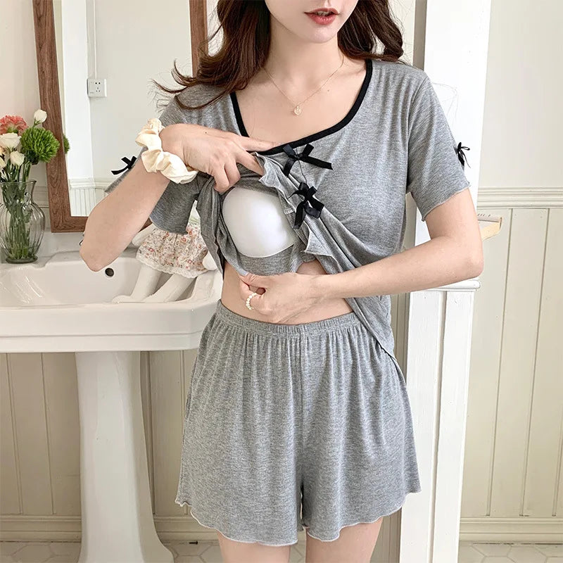 Modal Short Sleeve Sleepwear Woman Night Clothes 2 Piece Set Chest Cup Pajama Thin Summer Women's Suit Night Wear Female Pijama