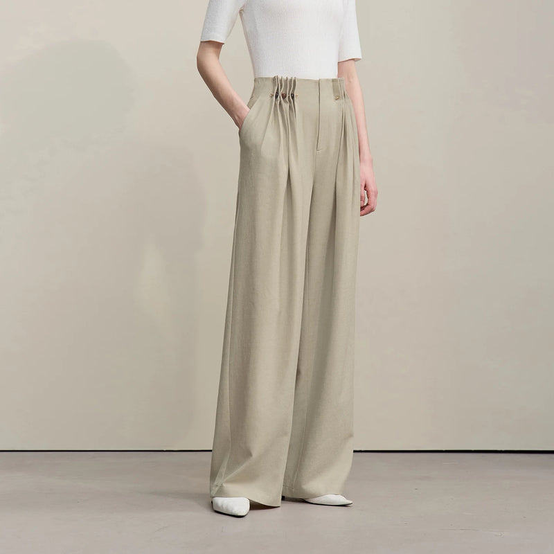 Amii Women's Wide Leg Pants 2026 Summer New Beaded Pleated Loose Trousers Casual Pants For Women With Metal Pin Detail 12652007