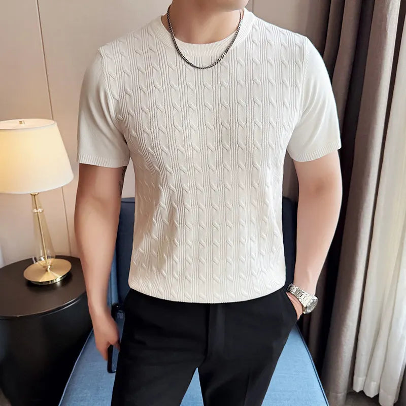 Men's Summer Slim Fit Knitted Polo Shirt - Mature Style Short Sleeve Grid Pattern Business Casual Top with Contrast Collar