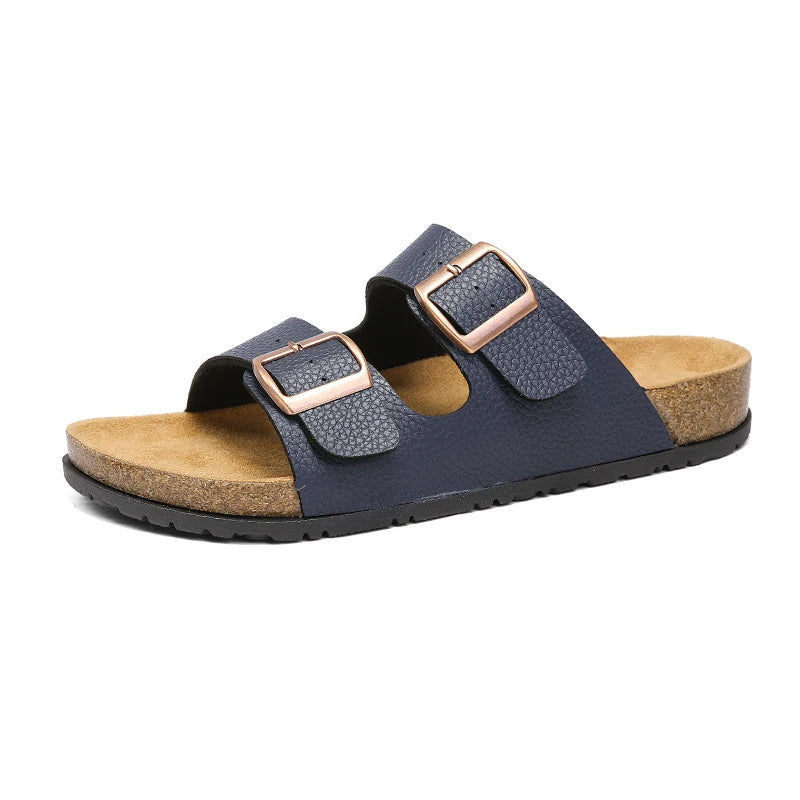 Men's Adjustable Double Buckle Cork Footbed Slide Sandals Casual Leather Open Toe Flat Slip on Summer Walking Beach Slide Shoes