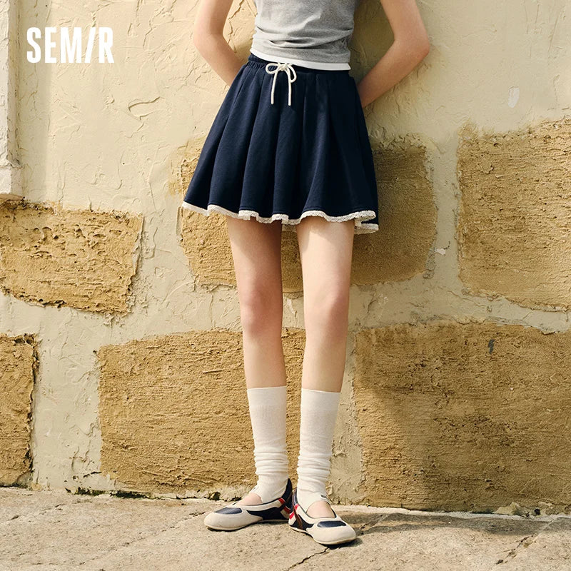 Semir Midi Skirt Women Lace Fringe Pleated Skirt Gentle 2025 New Summer Elastic Waist Short Skirt Sweet for Summer Walks