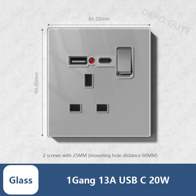 Universal 20W Type-C Wall Quick charge Socket,Dual Switch control Universal Power outlet,White UK Standard USB Interface Socket