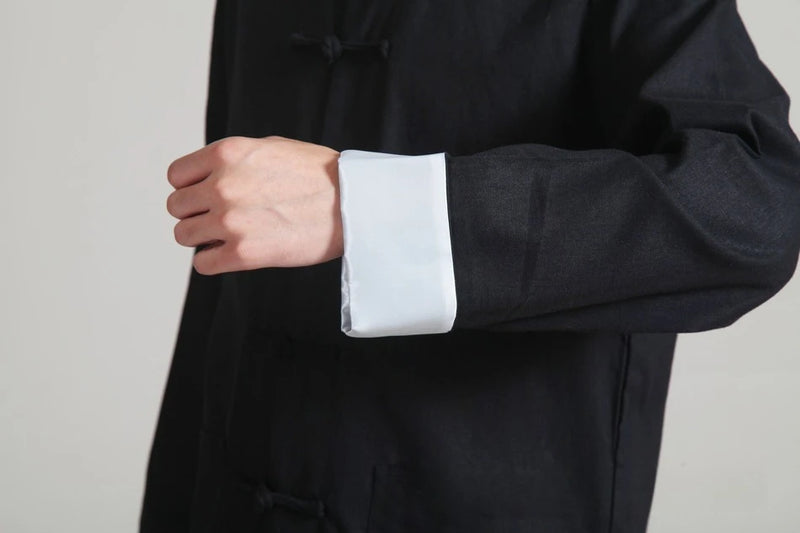 Chinese-style Men's Black Cotton-linen Two-piece Set, Featuring A Stand-up Collar Long-sleeve Shirt and Pants.