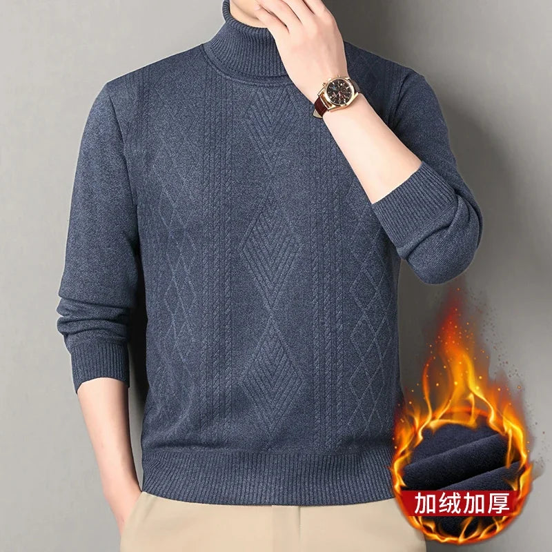 Three Dimensional Twist Weave Male Turtleneck Sweater Diamond Cable Allover Pattern Fleece Lined Rib Hem Pullover