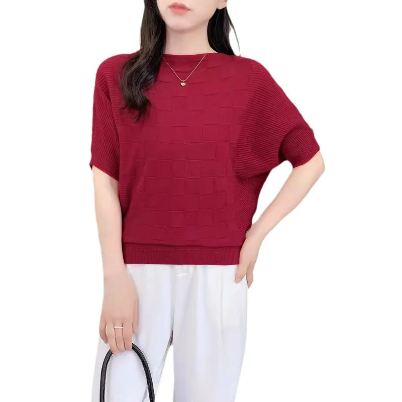Korean Fashion One-word Collar Casual Bat-sleeved Knitted Sweater Women's Top Spring Summer Knitwear Pullover Jumper Shirt