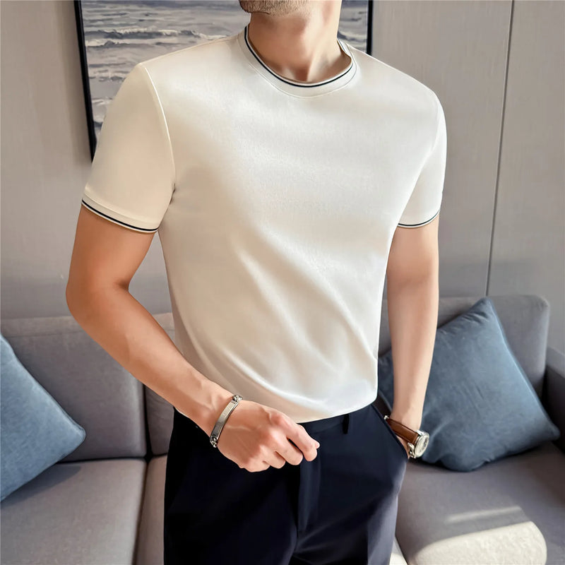 Men's 7A Antibacterial Color-Blocked Rib Mock Two-Piece T-Shirt | Liquid Ammonia Cotton, Business Casual Basic
