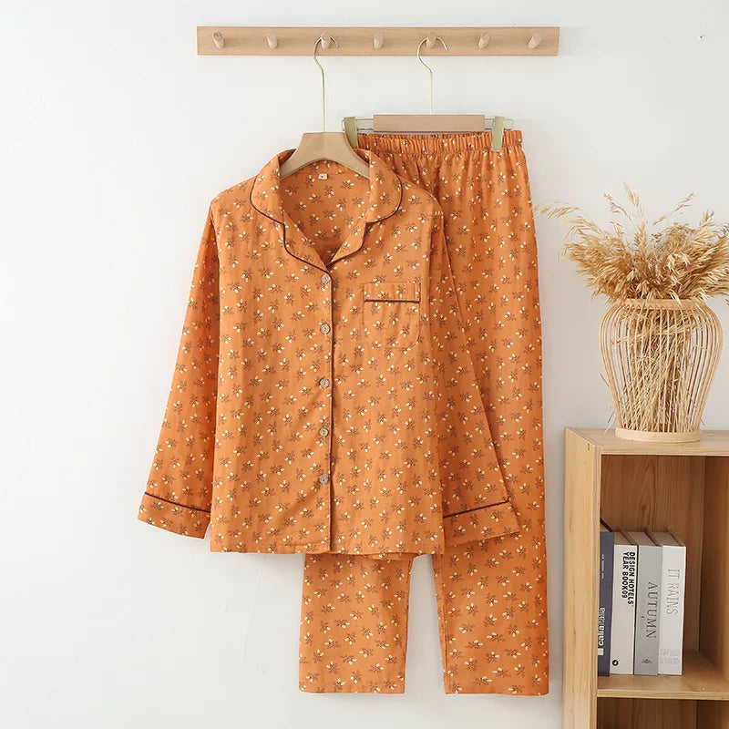 Lapel Collar Long Sleeve Sleepwear Set Spring Autumn 100% Cotton Gauze Women's Nightwear Room Wear Pajamas Loose Home Clothes