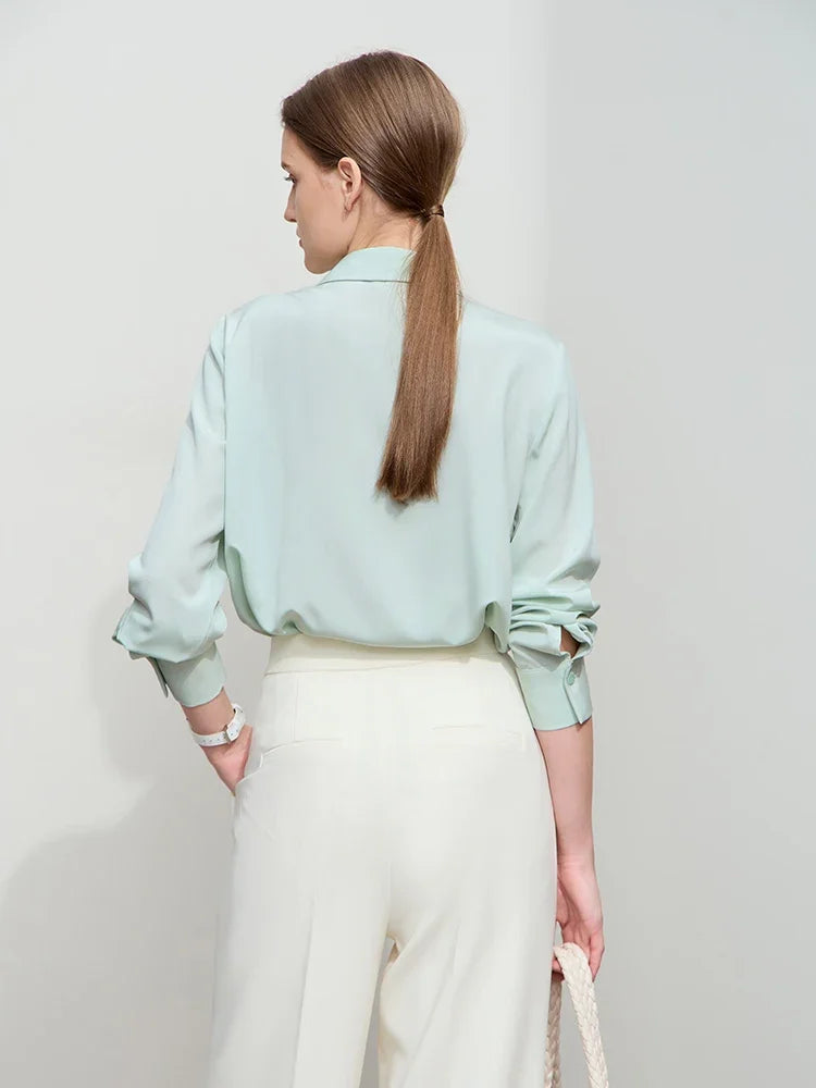 AMII Minimalist Chiffon Shirt Women 2026 Autumn New Temperament Gentle Lapel Bamboo Work Pocket Concealed Button Tops 12521032