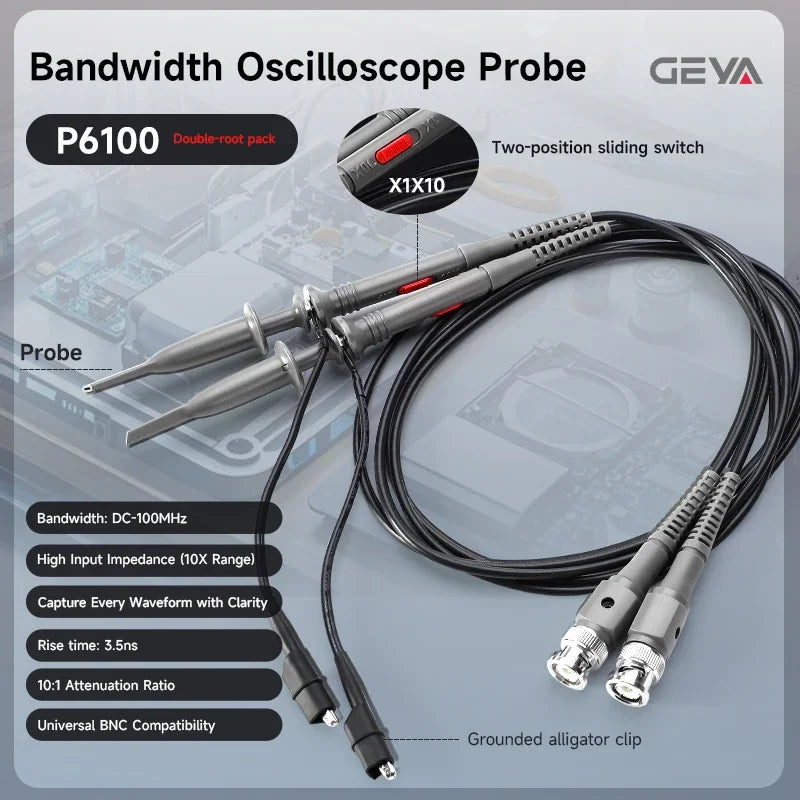 អូស៊ីឡូស្កូប GEYA 2 ដុំ 100 MHz ឧបករណ៍ស៊ើបអង្កេត 1X/10X កុងតាក់បន្ថយសំឡេងដែលអាចលៃតម្រូវបាន ក្លីប BNC ខ្សែសាកល្បង វ៉ុលបញ្ចូល 10:1 ឧបករណ៍ស៊ើបអង្កេតវិសាលភាព