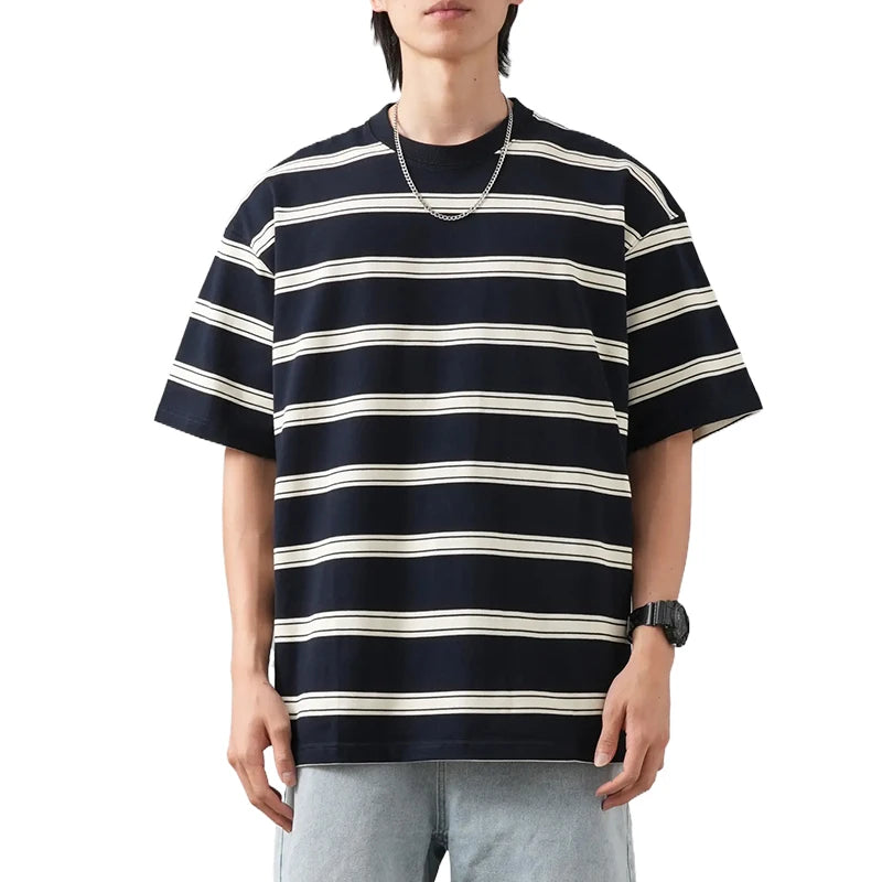 DUKEEN 320G Heavyweight Striped T Shirt for Men Summer Fashion 100% Cotton Crew Neck Short Sleeve Tees Couple Clothing Oversize