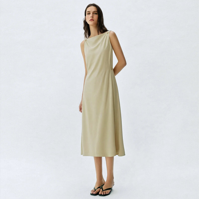 Amii Off Shoulder Women's Casual Dresses 2026 Summer New Metal Button Elegant Loose Fit Sleeveless Midi Women's Dress 12642112