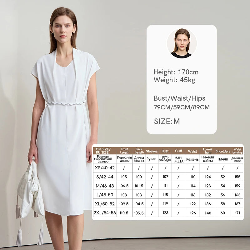 រ៉ូប AMII Minimalist Office Lady រាងផ្នត់ រដូវក្តៅ ឆ្នាំ២០២៥ ចង្កេះរលុង អាវក្រណាត់ Chiffon សម្រាប់នារី ដៃអាវធម្មតា ពណ៌ស រ៉ូប Midi 12522140