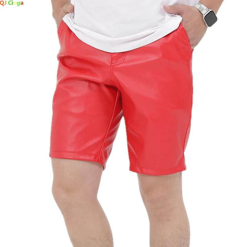 Summer Thin Section Men's Black Stretch Leather Shorts, Work Style Shorts Red White Blue PU Pants Male Five-point Pants 29-40 42