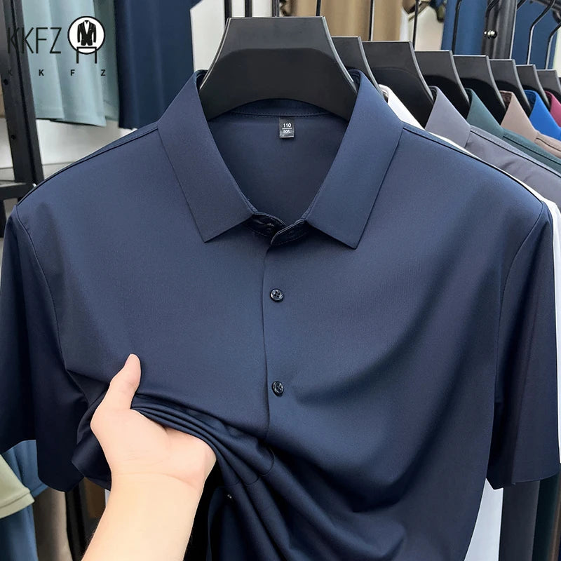 Mens Casual Short Sleeve Button Down Shirt Ice Silk Lightweight Breathable Wrinkle Resistant Summer Top