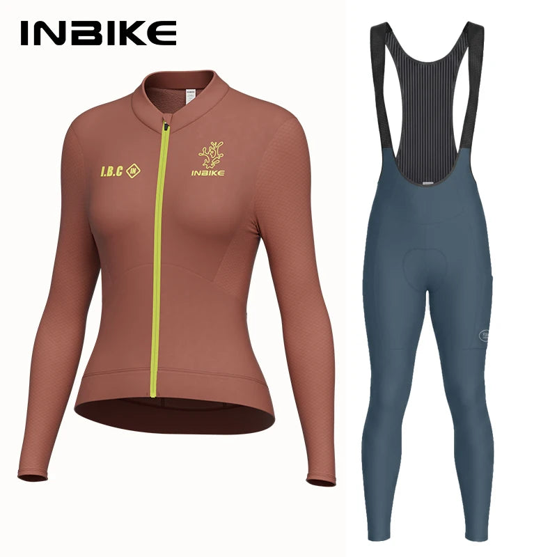 INBIKE Winter Fleece Cycling Jersey Set for Women Sleeve Thermal Top with Pockets Breathable High Waist Bib Pants Bike Clothing