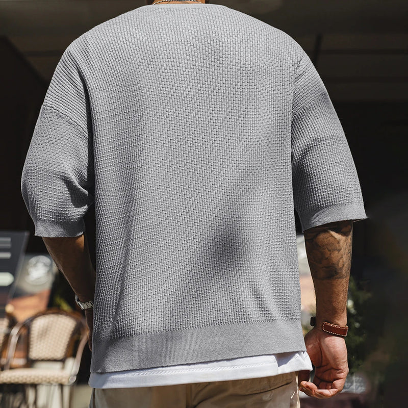 Maden Vintage Boro Style Short Sleeve Henley Shirt Men's Summer Gray Loose Fit Tee Knit Casual Street Versatile Ribbed Hem Tops