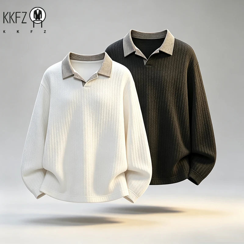 Male Rib Knit V Neck Polo Shirt Long Sleeve Contrast Plaid Collar Relax Fit Lightweight Streetwear Top
