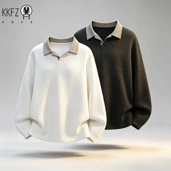 Male Long Sleeve V Neck Polo Top Vertical Texture Knit Spliced Plaid Collar Relax Fit Daily Street Garment