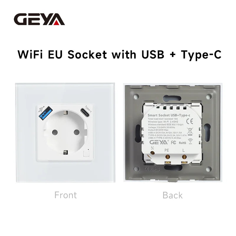 GEYA Wifi EU Socket With 20W Type-C USB Interface Fast Charging Ports Smart Sockets Support Tuya Smart Life Alexa App 16A
